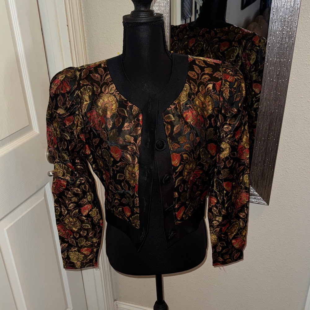 I.N. San Francisco Black and Gold Floral Blazer